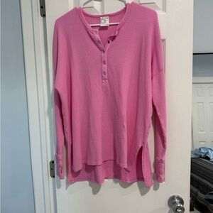 Aerie Offline Pink Waffle-Knit Henley Long Sleeve Top